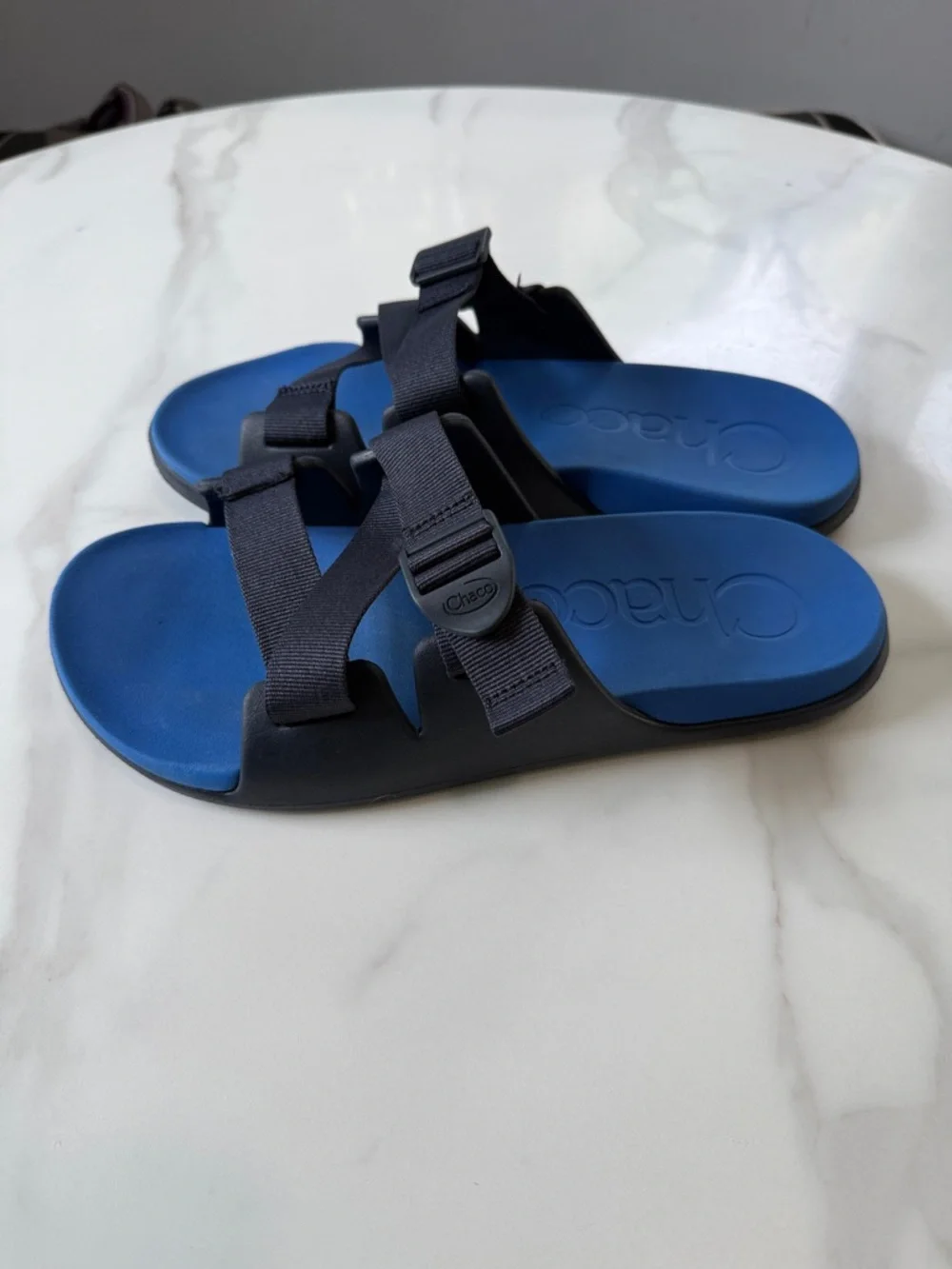 Chaco Blue Slide Sandals with Black Webbing Straps